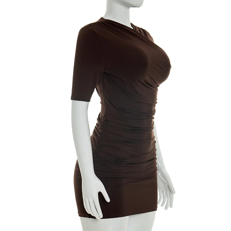 Elegantes Gerafftes Minikleid Damenmode Einfarbiges Vintage Braunes Bodycon Sexy Kleid Sommer Hochgeschnittenes Party Y2k Damenkleid – Detail 9