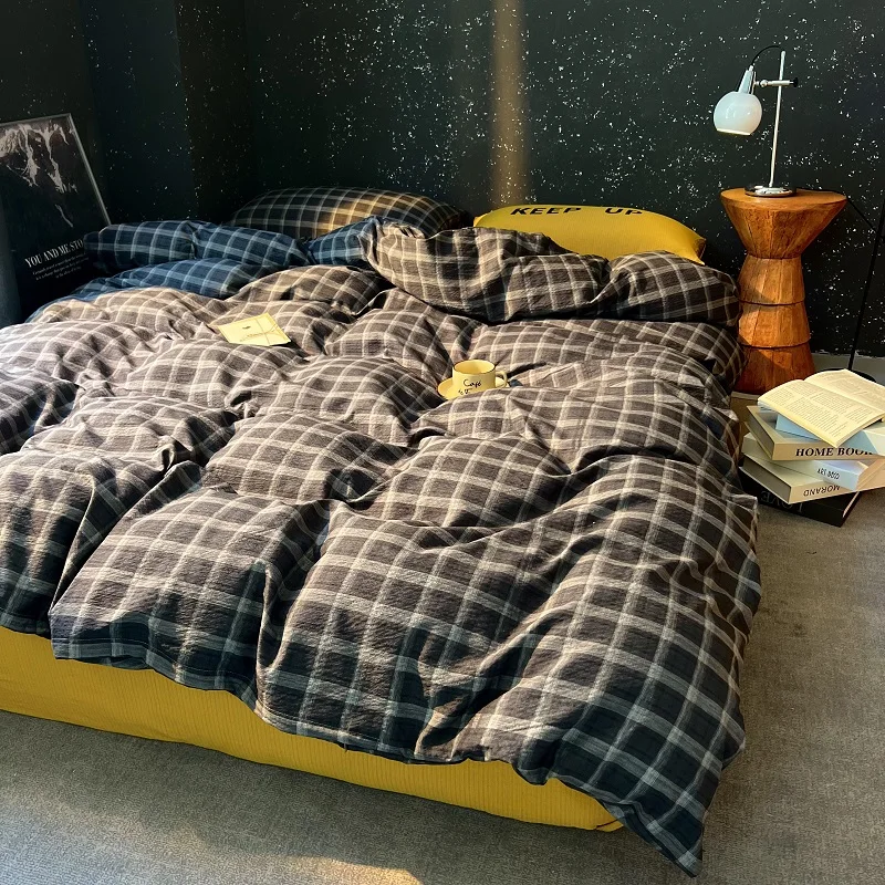 High Quality Beauty Bedding Set Plaid Duvet Cover Bed Sheet Set With Pillowcases Adult Dormitory Queen Size Winter Home Decor