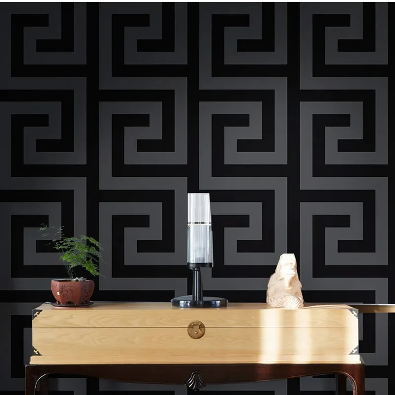 

3D Geometric Wall Papers Black Luxury Satin Greek Key Wallpaper Home Decor Peel and Stick Wallpaper for Living Room Bedroom