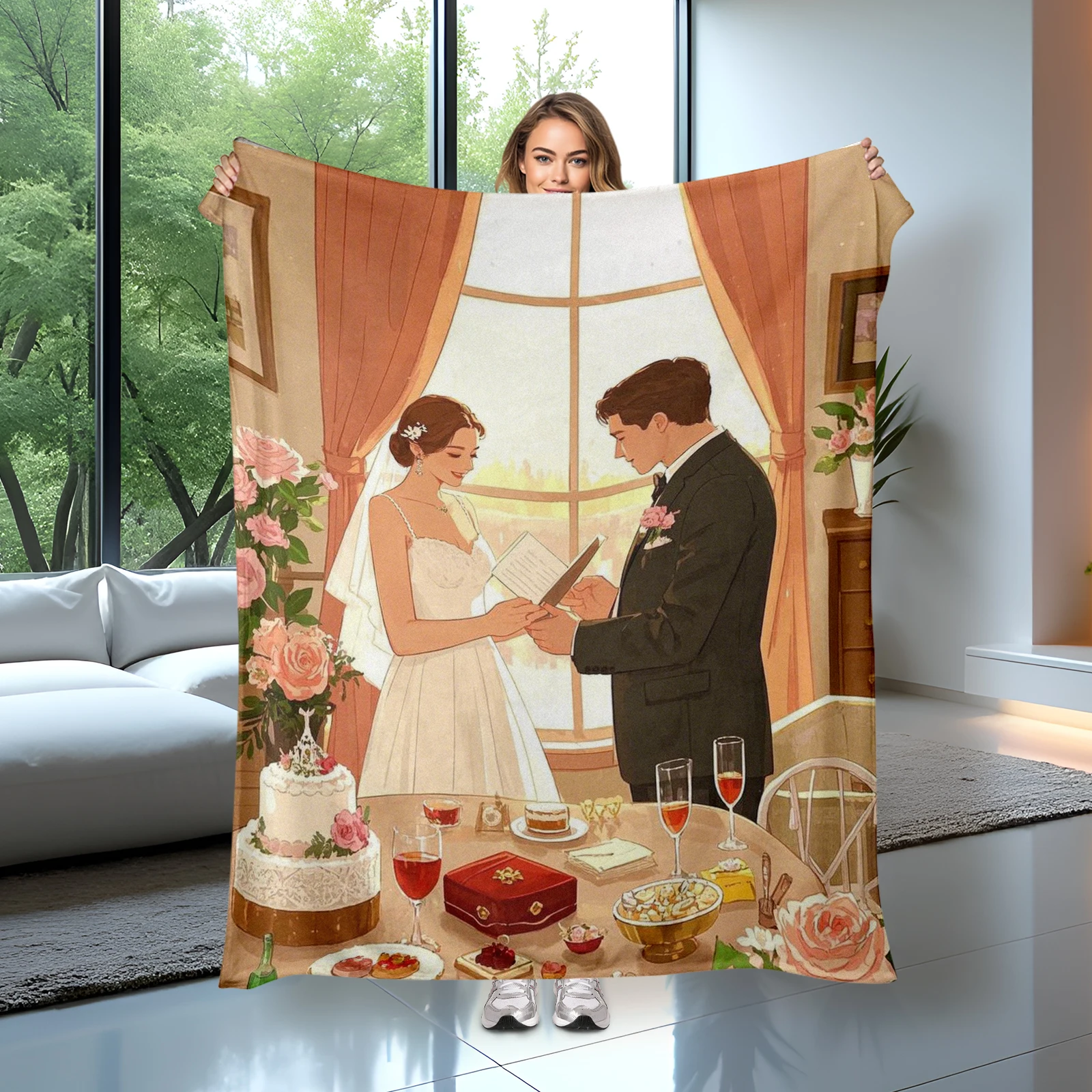 

Stylish Cartoon Newlywed Couple Blanket Perfect Gift for Couples in the Fashionable Wedding Season