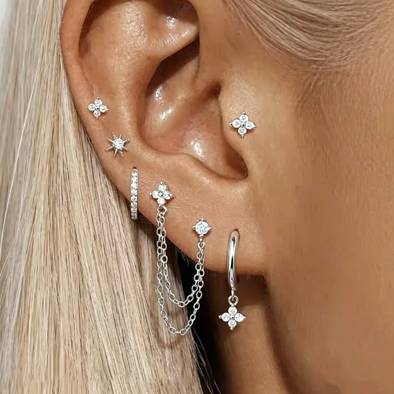 6-teiliges Blumen-Ohrhänger-Set für Damen, Stapelbare Ohrstecker mit Zirkonia, 14K Vergoldete Ohrringe für Urlaub und Party – Detail 2