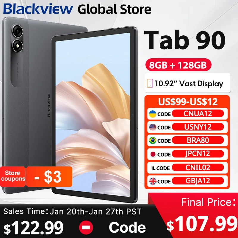 2025 New Blackview Tab 90 4G 10.92-inch Vast Display 8GB RAM 128GB ROM Widevine L1 8200mAh Battery Android 14 Dual Speakers