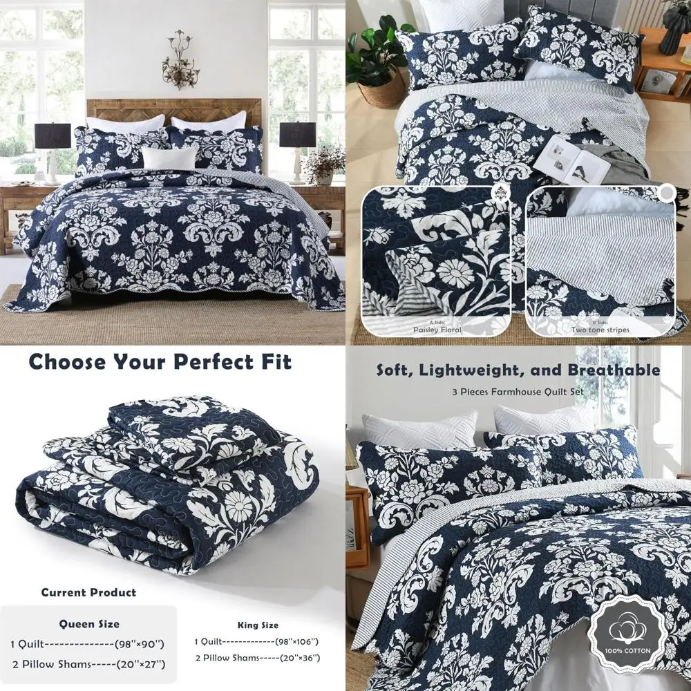 

Queen Size Cotton Navy Blue Lightweight Paisley Floral Reversible Quilt Set with Farmhouse Style