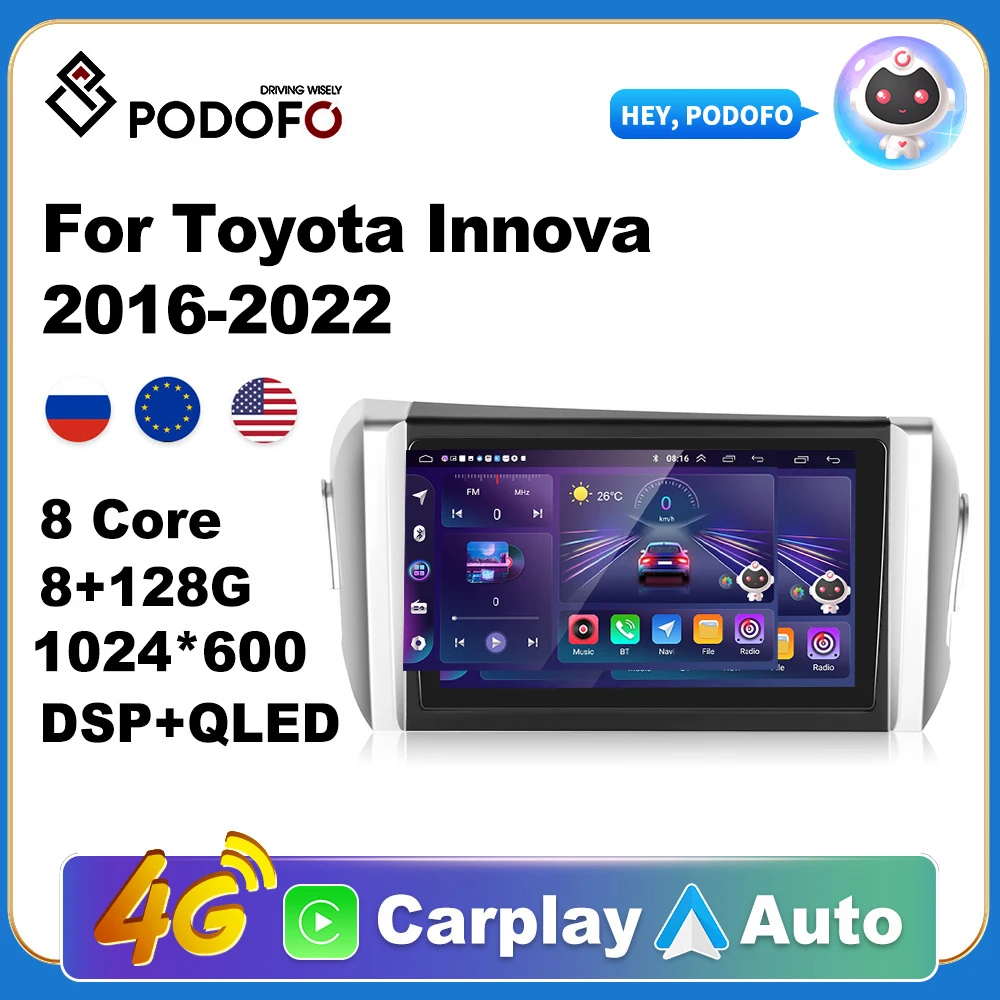 

Podofo Wireless CarPlay Andorid Auto Car Radio For Toyota Innova 2016-2022 AI Voice Multimedia GPS 2din autoradio