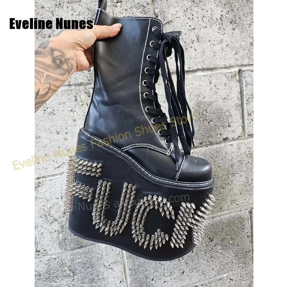 Botines de Plataforma con Tacón de Cuña Estilo Punk, con Tachuelas Metálicas, Cordones, Punta Redonda, Suela Gruesa, Botas de Motociclista, Moda Gótica para Salir de Noche