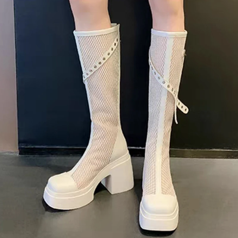 

Лето 2023, модные дышащие сетчатые ботинки для женщин, вечерние ботинки до середины икры на платформе и молнии, женские однотонные туфли с пряжкой и ремешком