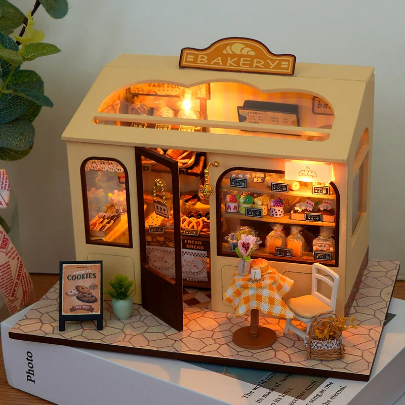 

DIY Wooden Miniature Model Kit Bakery Store Casa Doll Houses 3D Puzzle Dollhouse With Furniture Lights for Friends Birthday Gift