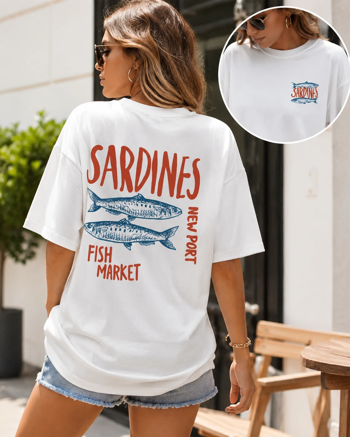 New Sardine Fish Market T-Shirt: Fun New Port Design Double-Sided Print Unisex Harajuku Style Loose Fit Short-Sleeve Summer Top