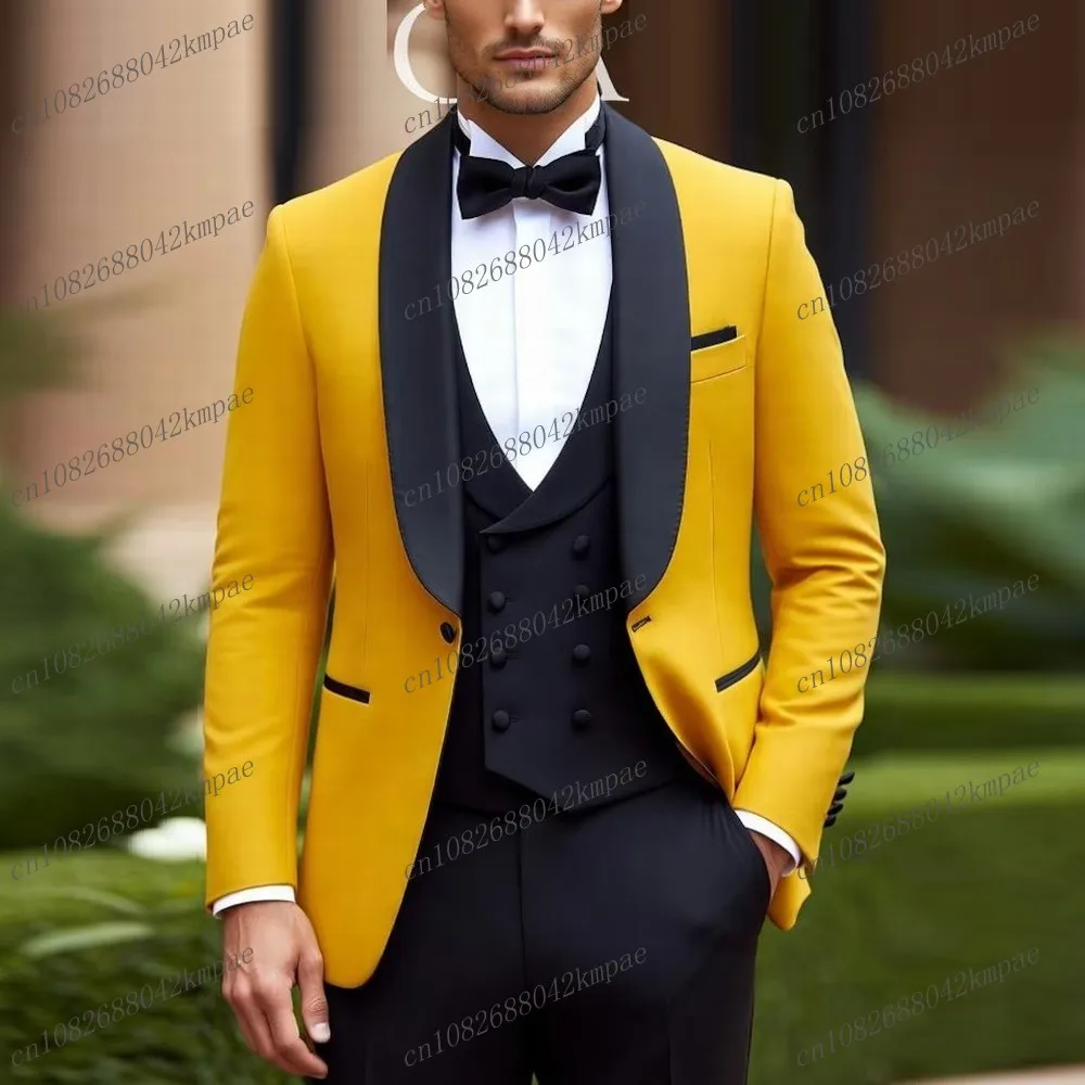 

Black And Yellow Men Suit Formal Groom Groomsman Wedding Party Prom Business Male Tuxedos 3 Piece Set Blazer Vest Pants