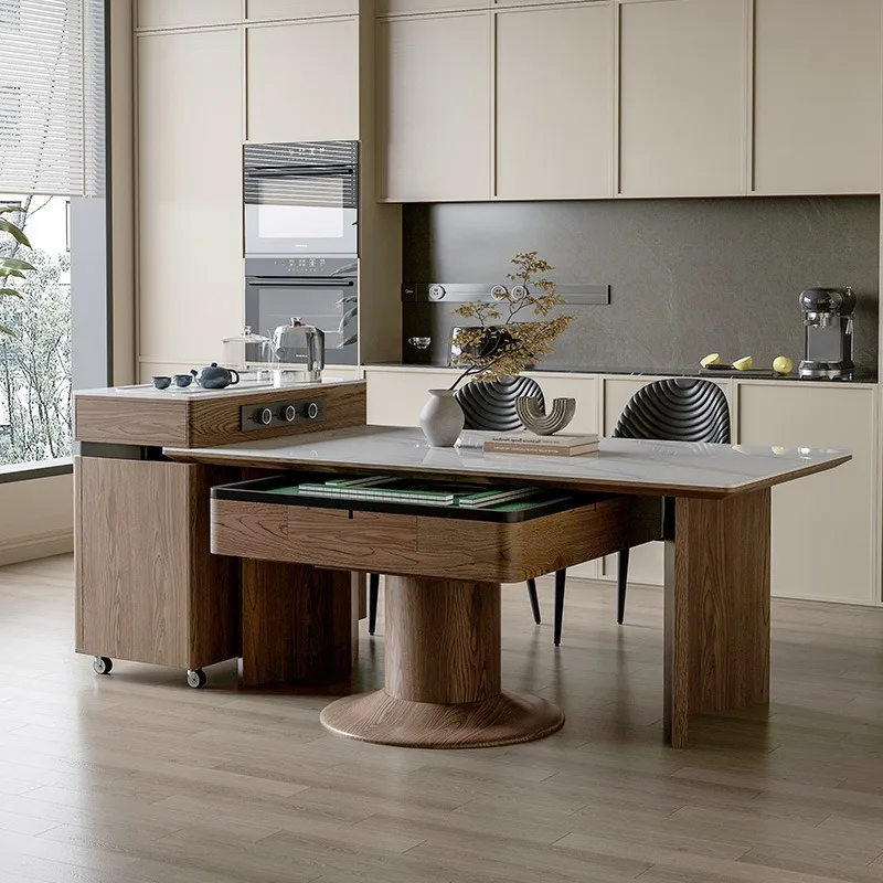 Rock slab retractable island dining table, mahjong machine walnut living room integrated three-purpose mahjong table
