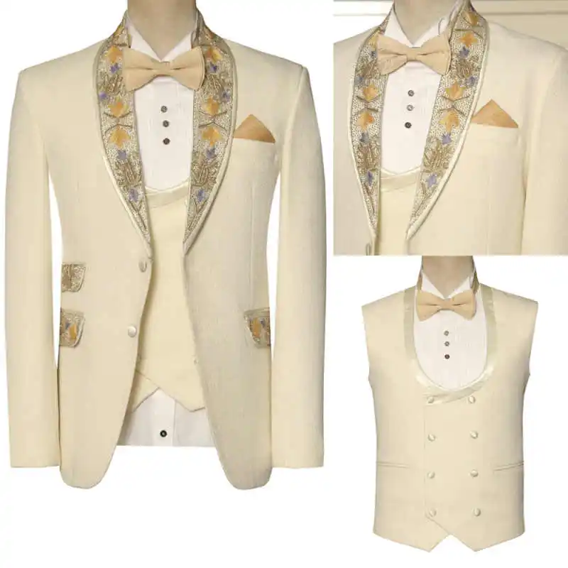 Fashion Jacquard Men Suit Business 2 Pieces Jacket Vest Embroidery Formal  Occasion Party Banquet Wedding Tuxedos Customized