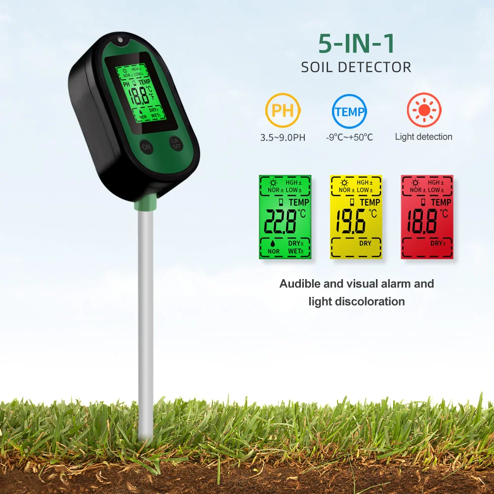 Medidor de suelo 5 en 1 para el hogar, higrómetro, termómetro, humedad, acidez, PH, Analizador de iluminancia, Sensor de prueba de suelo