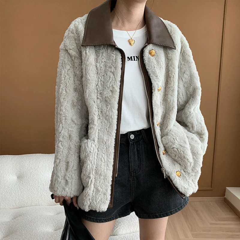 2024 New Women Winter Warm Coat PU Leather Collar Patchwork Faux Fur Coat Loose Style Jacket Women Tops Coat Casaco Feminino