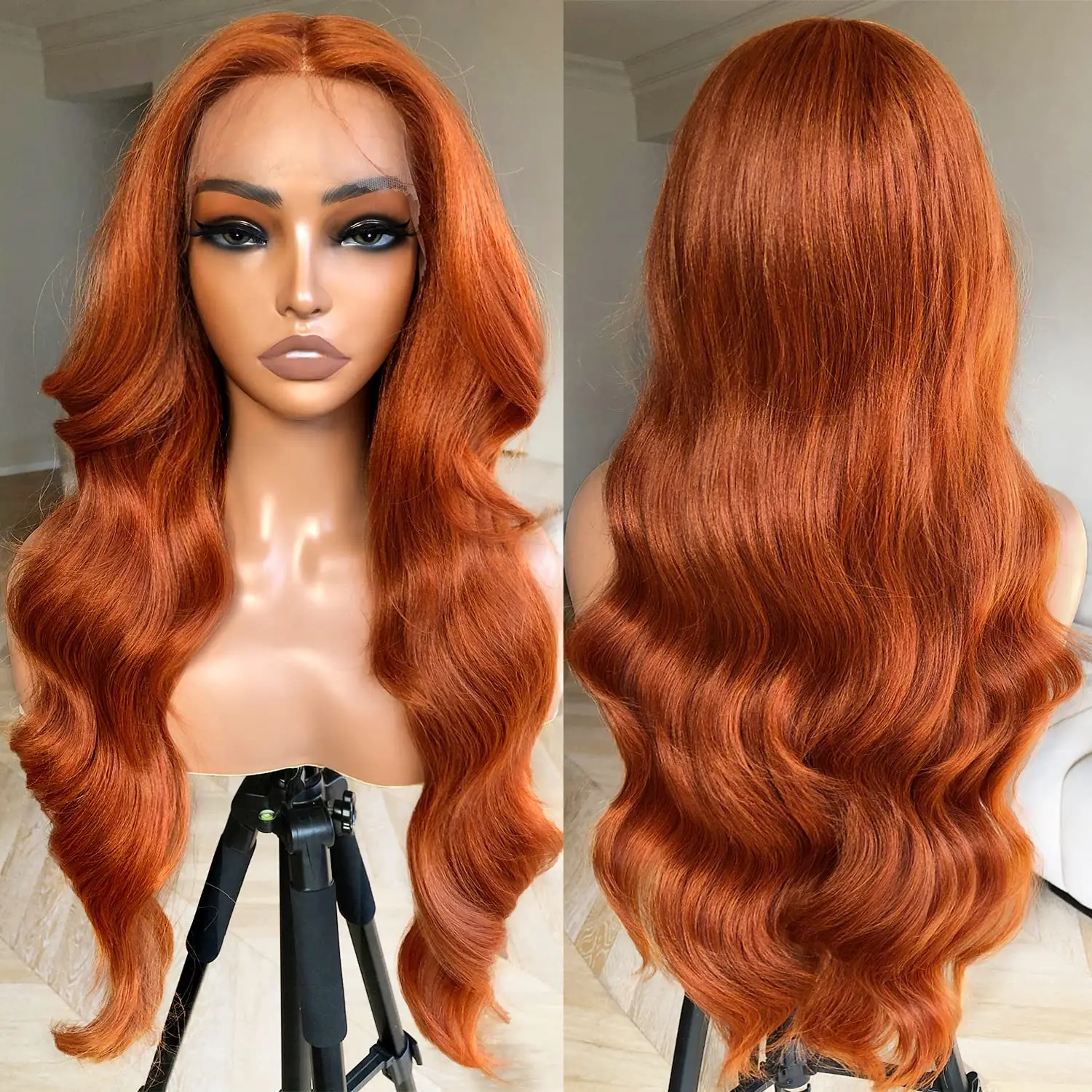 Cabello humano transparente de la peluca del frente del cordón de la onda 13x4 del cuerpo naranja jengibre para las mujeres # 350 colores pre desplumados línea de cabello natural 180 de densidad