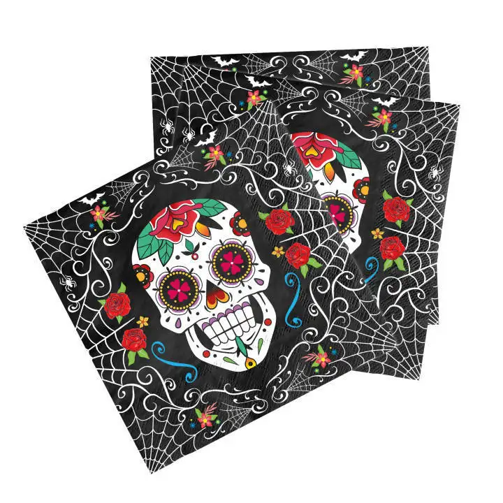 The Day of the Dead Party Supplies Disposable Paper Plate, Paper Cup, Tissue Set, Flower Skull Halloween Utensils