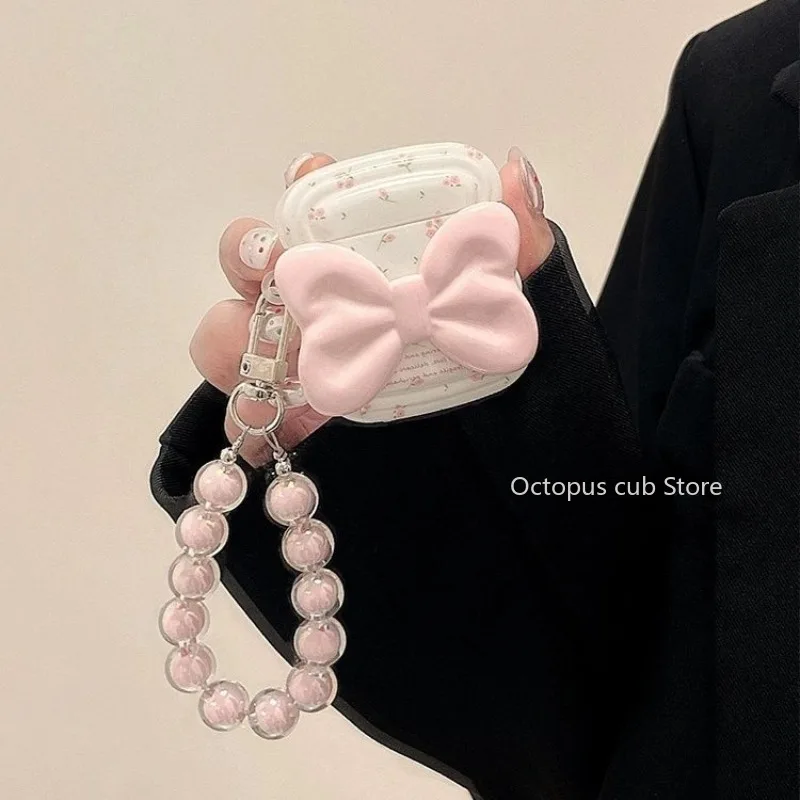 ÉTui Airpods 4 Avec NœUd Rose, Mignon, Fleur CoréEnne, Pour Airpods 1, 2, 3 Pro 2, Airpod Avec ChaîNe