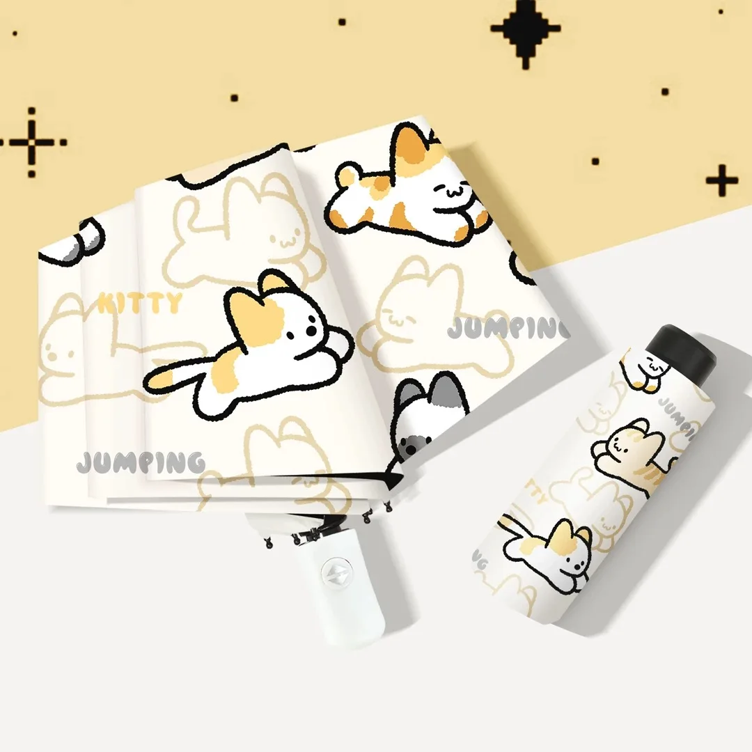 

Cute Jumping Cat Auto Umbrella UPF50+ Sun Rain Dual Use Windproof Compact Foldable Cat Pattern UV Sun Umbrella for Women