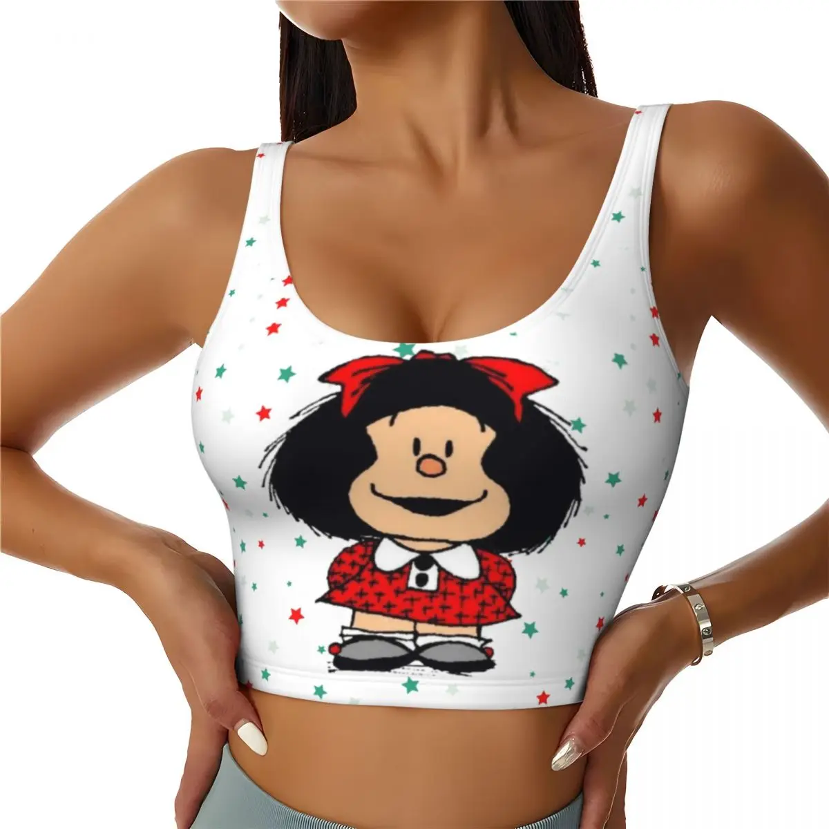 Custom Women Cartoon Mafalda Star Sports Bra Comic High Impact Gym Workout Running Crop Tank Tops