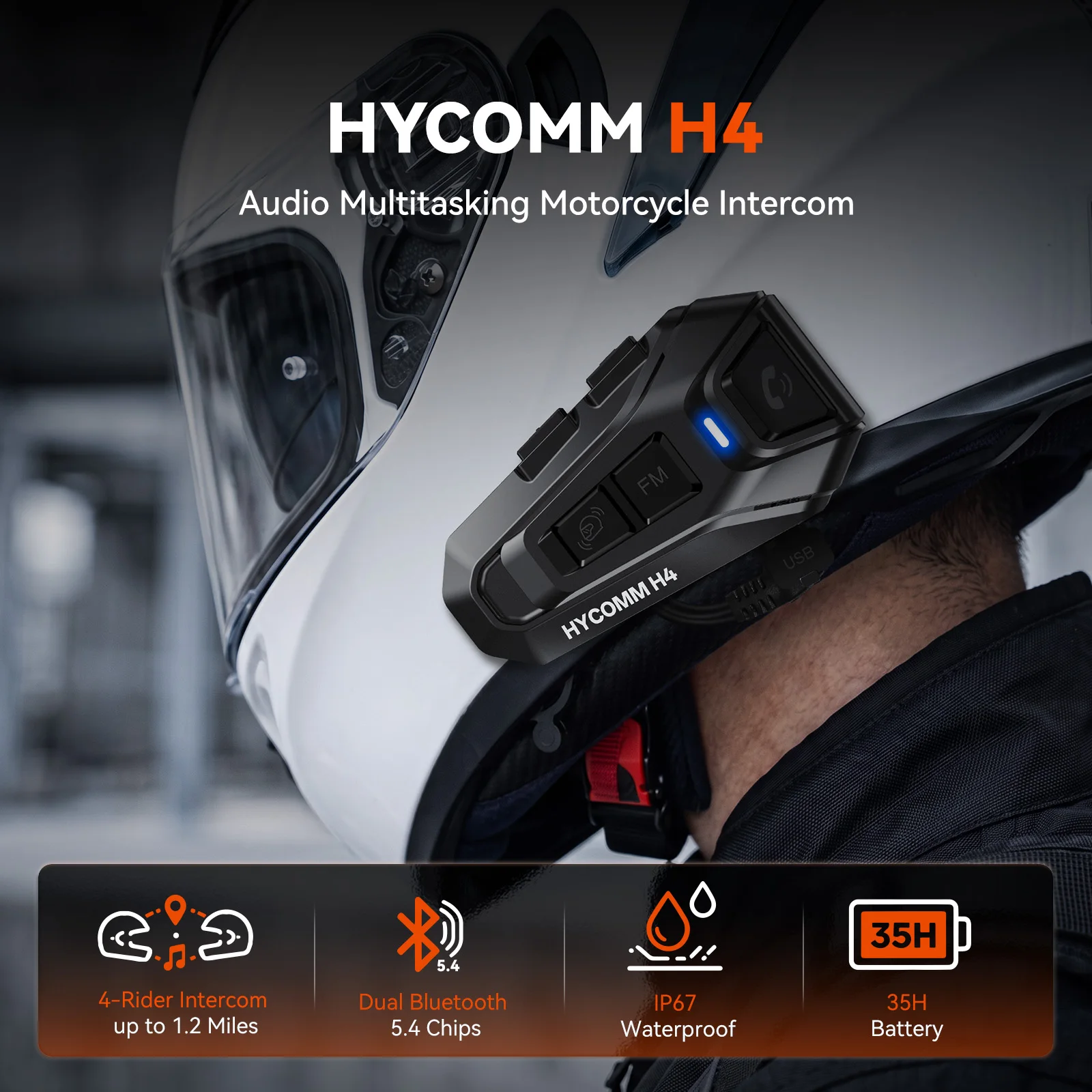 Interfono Bluetooth per moto HYCOMM H4, con rete integrata, per 4 motociclisti, portata fino a 1,2 miglia, funzioni audio multiple, abbinamento universale, condivisione musicale, ricarica rapida,