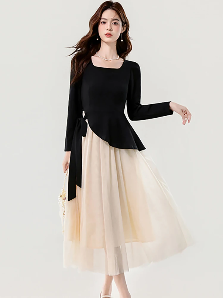 

2025 черное лоскутное сетчатое длинное платье с рюшами, женское элегантное облегающее бандажное платье с бантом, осеннее корейское винтажное вечернее платье Хепберн