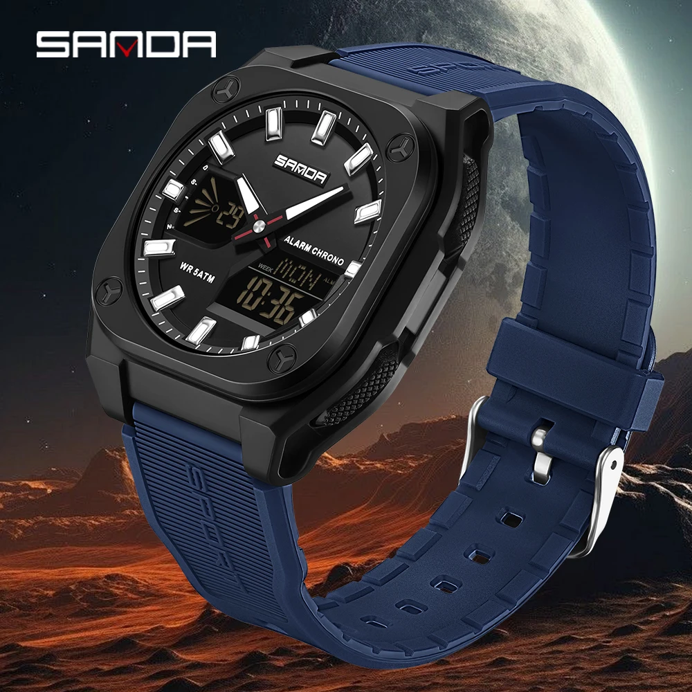 

Модные мужские электронные часы SANDA, новинка 6268, спортивные многофункциональные водонепроницаемые мужские электронные часы с двойным дисплеем и ночником
