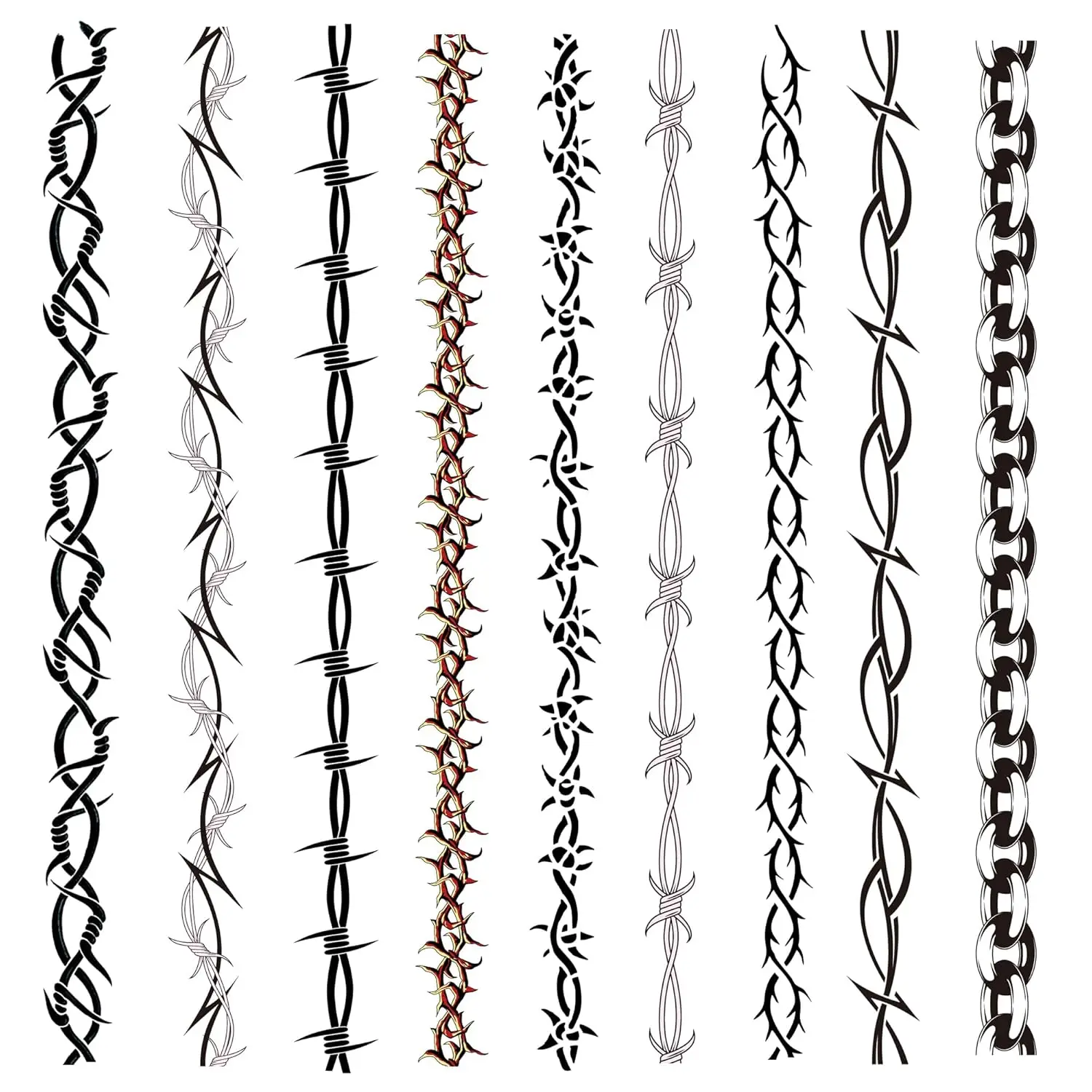 9-Sheet Variety Pack of Large Barbed Wire Temporary Tattoos, Long Barbed Wire Armbands Tattoo
