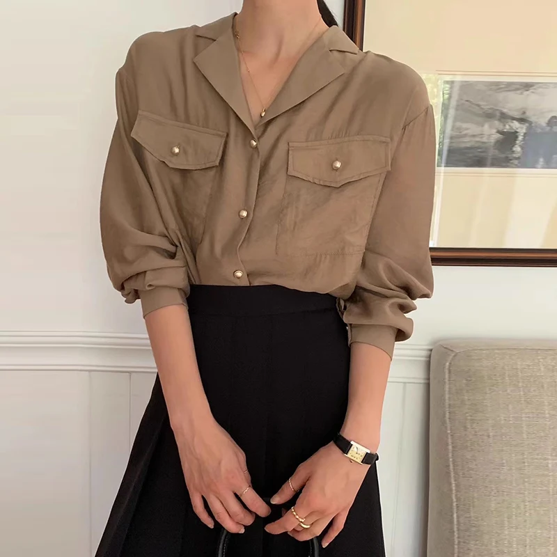 Chic Vintage Sle Long Sve Metal Button Loose Fit Suit Collar Women's irt Versatile Double ket Design for Autumn