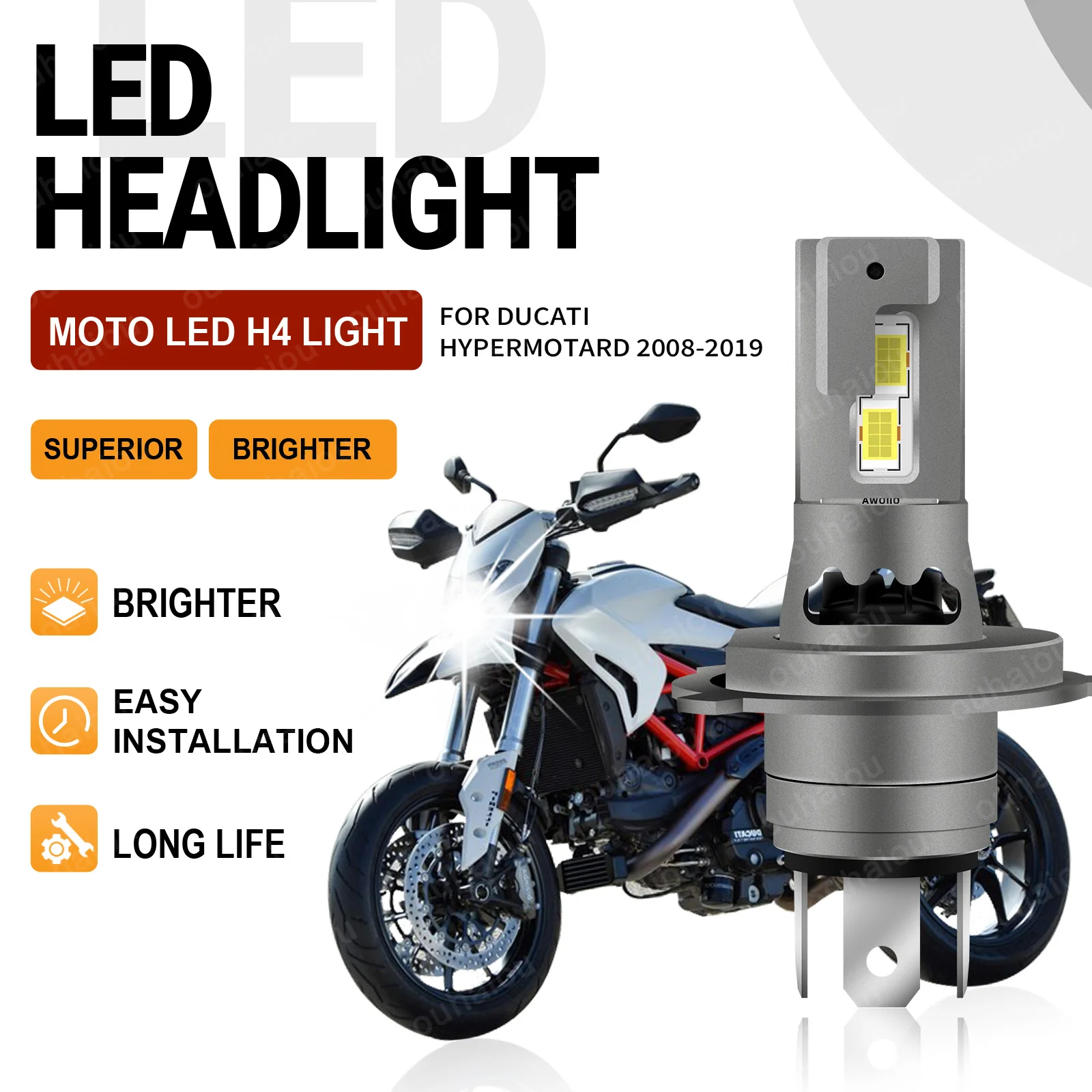 

For Ducati Hypermotard 2008 2009-2019 1Pcs 15000LM H4 LED Headlight Bulbs Canbus No Error Hi/Lo Beam Motorbike Lamps 6000K White