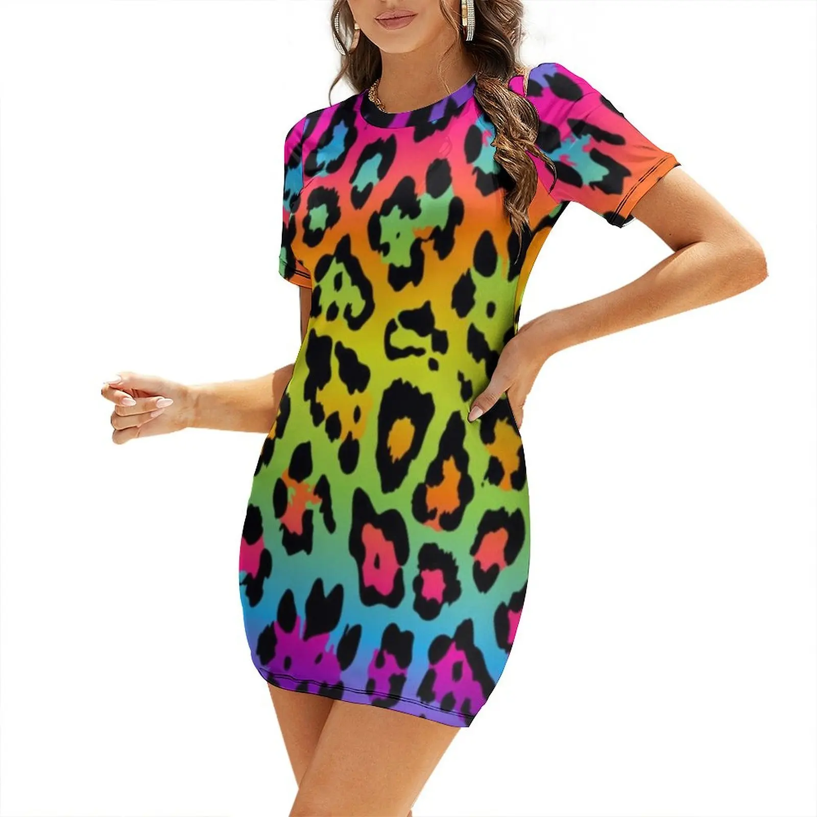 

Rainbow Leopard Print Short Sleeved Dress dress women summer Women's clothing elegant dress