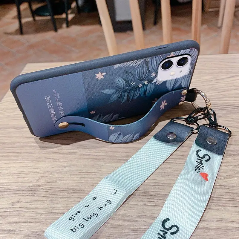 For  Iphone Phone New Iphone 11 Wrist Strap With Hanging Rope Bracket Fully Wrapped Edge Anti Drop Simplified Silicone Soft Case