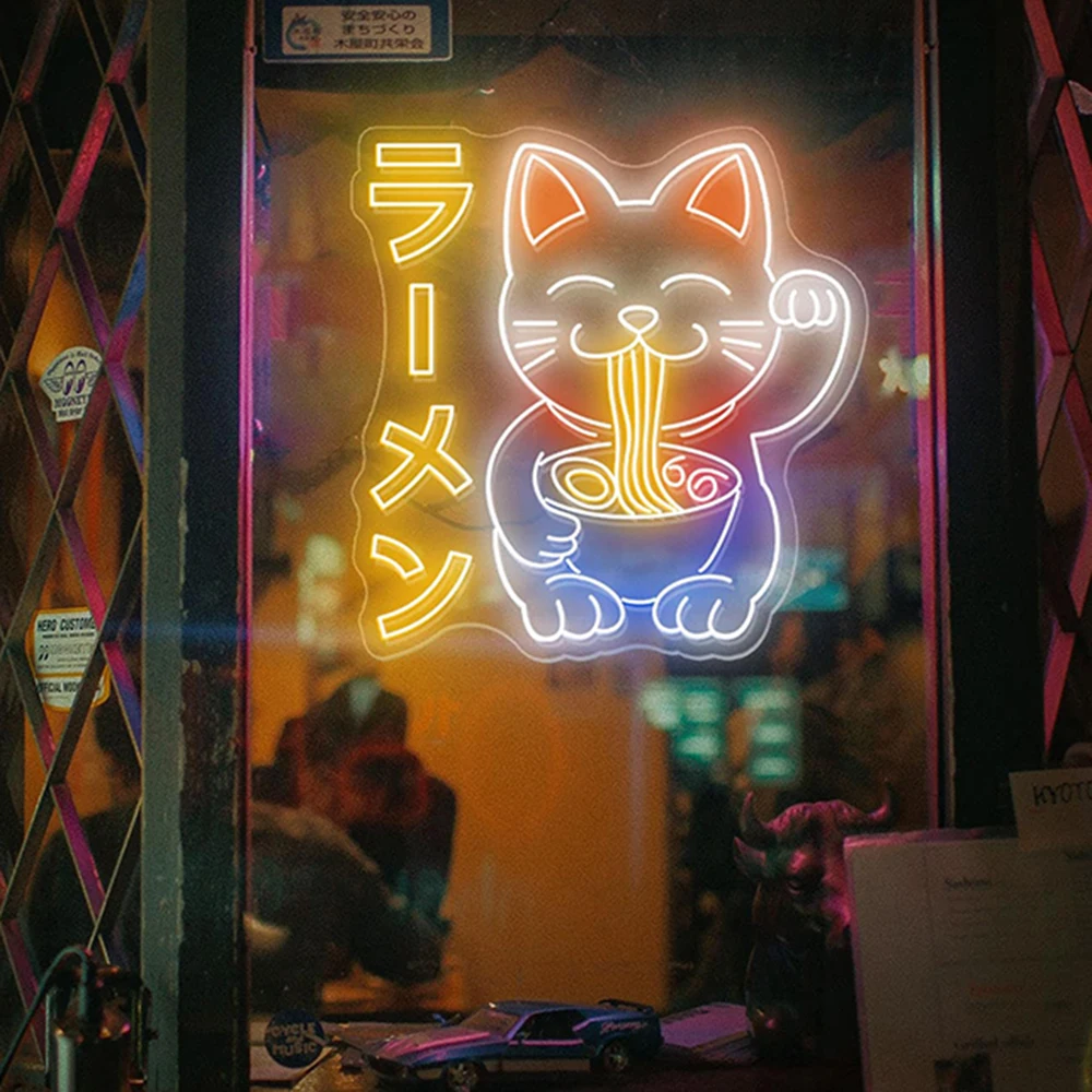 Lucky Cat Eating Ramen Neon Sign Custom Restaurant Led Shop Signae Cat Ramen Noodles Led Light Japanese Anime Neon Signs