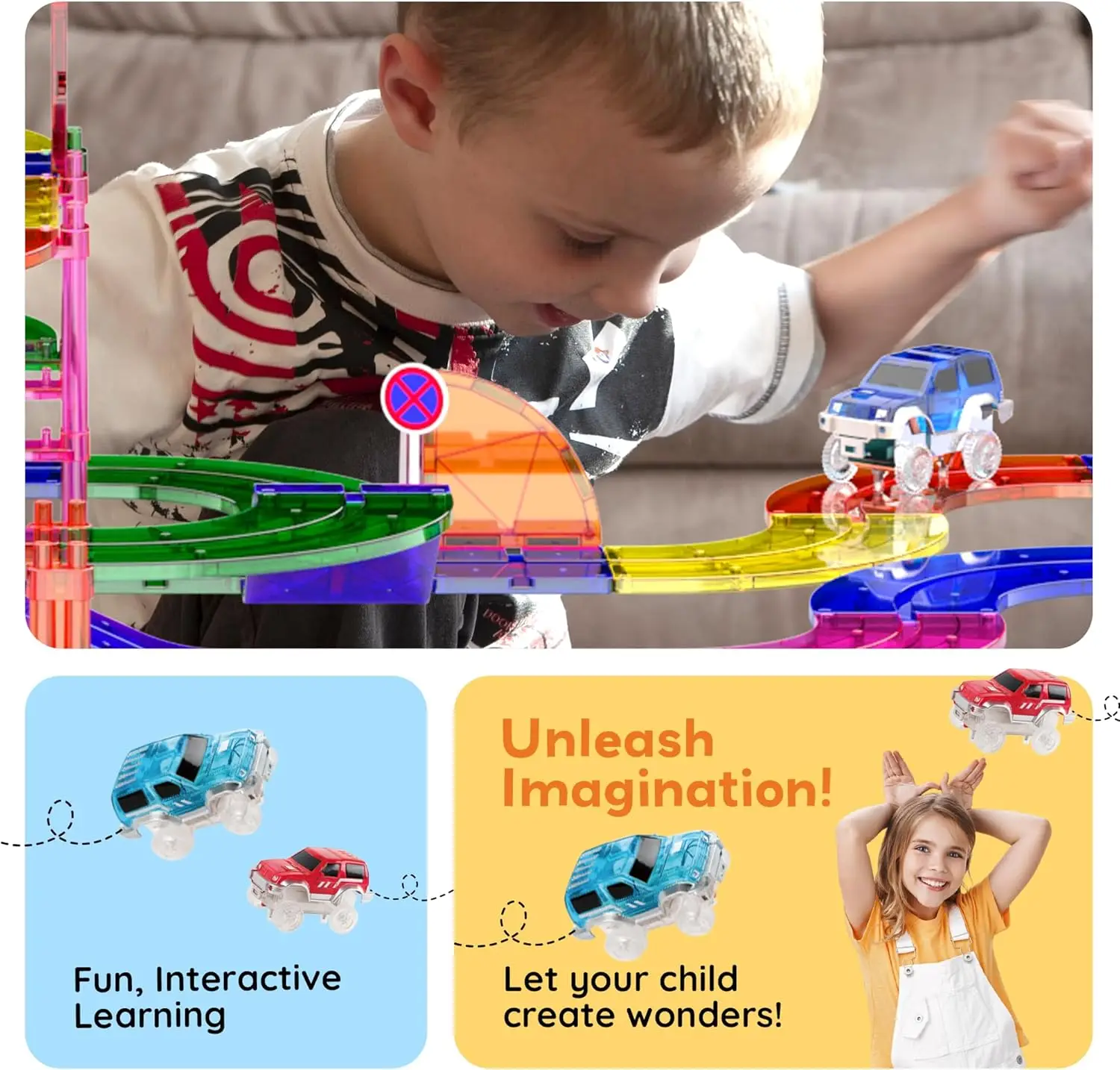 100pc Magnetic Tiles Race Track Building Set with LED Cars Adjustable Roads and Signs STEM Construction Toy Kit for Kids Educati