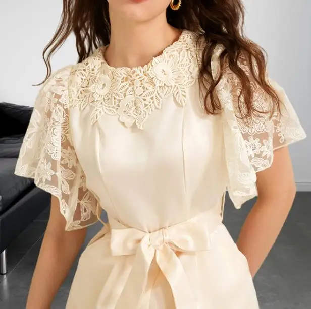 

Jumpsuit Women 2026 New Spring Summer Solid Color Splicing Lace Short Sleeve Casual Round Neck High Waist Straight Jumpsuit