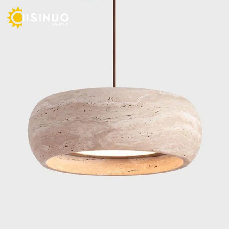 Wabi Sabi Natural Stone Pendant Lamps Travertine Stone Round LED Bedside Hanging Light for Home Dining Room Kitche Island Decora
