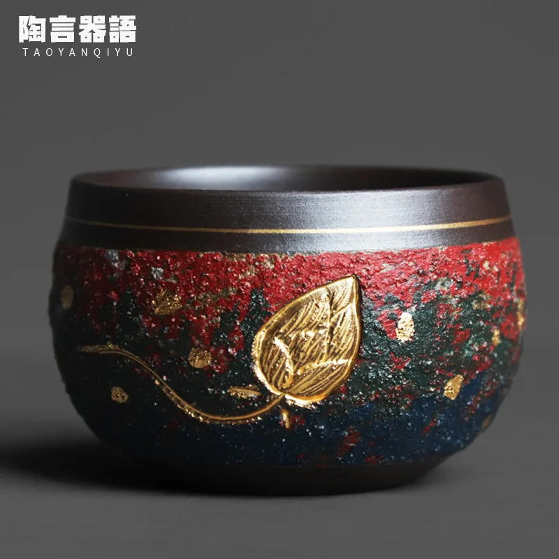 Colorful Gradual Frosted Coarse Pottery 24K Painting Golden Lotus Personal Tea Cup Gold Touch Process Coffee Wine Cup