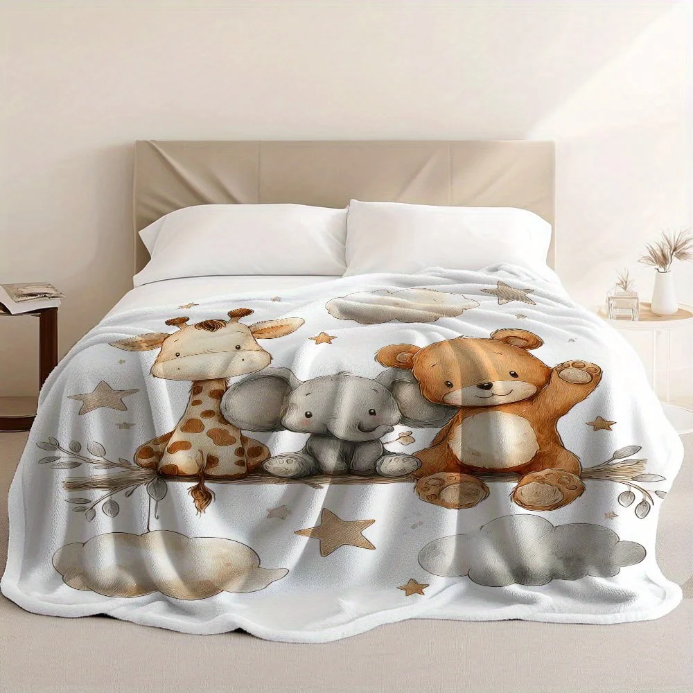 1pc Flannel Animal Print Blanket - Giraffe, Elephant, And Teddy Bear Bedspread, Soft And Lightweight Bedding, All-Season Neutral