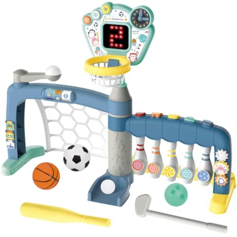 

5-in-1 Toddler Sports Toys Activity Center: Indoor Basketball Hoop with Adjustable Height, Plastic Metal, Blue/Red, Multi-Sport