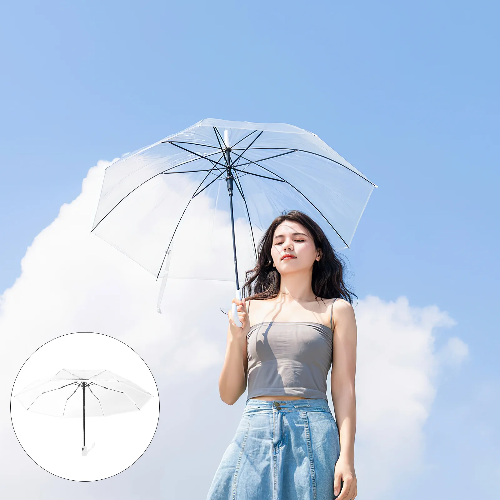 

Transparent Three-fold Umbrella Clear Folding Auto Close Plastic Portable Unbrella Steel Compact Umbrellas Bulk Miss for Rain