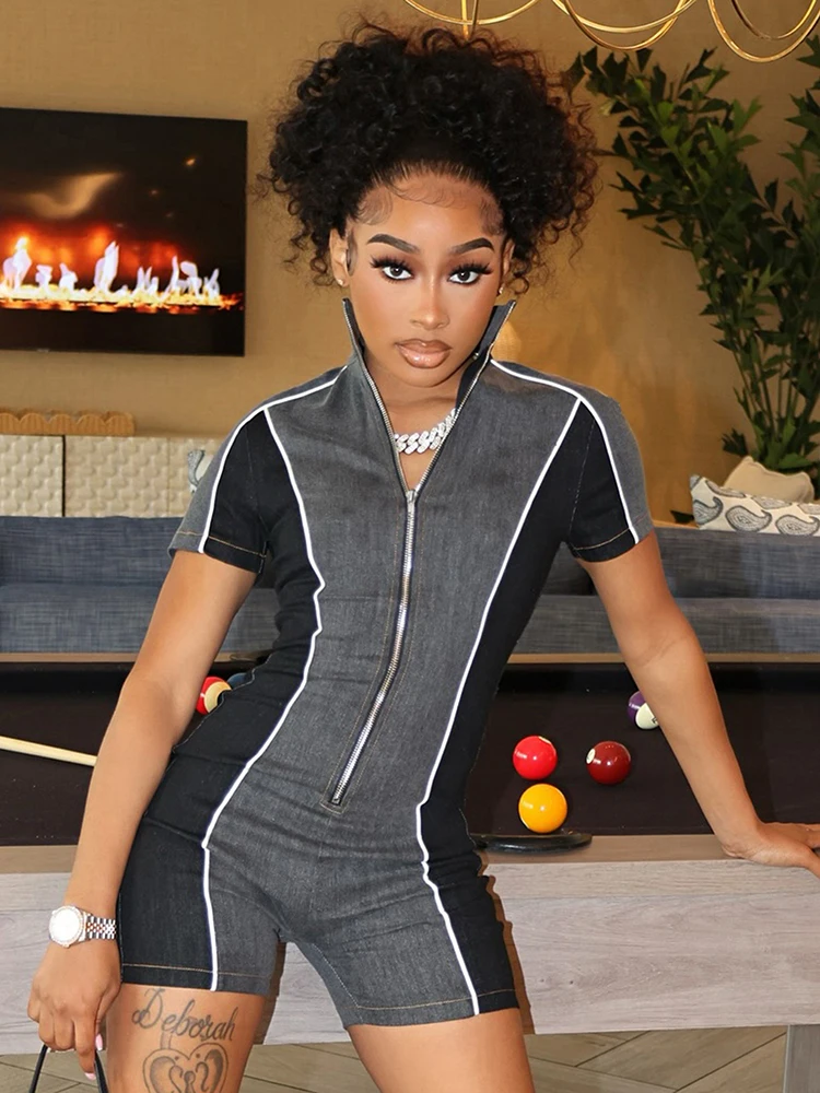 

Panelled Casual Women Playsuits Summer Hipster Zip-up Short Sleeve Lapel Skinny Rompers Female Sporty Concise One Piece