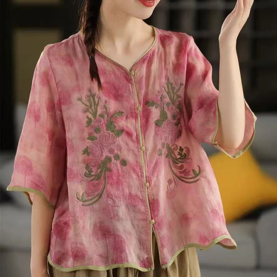 

Women Vintage Linen Shirts And Tops 2026 Spring New Embroidery Floral Chinese Style Ramie Blouses Button Female Shirts