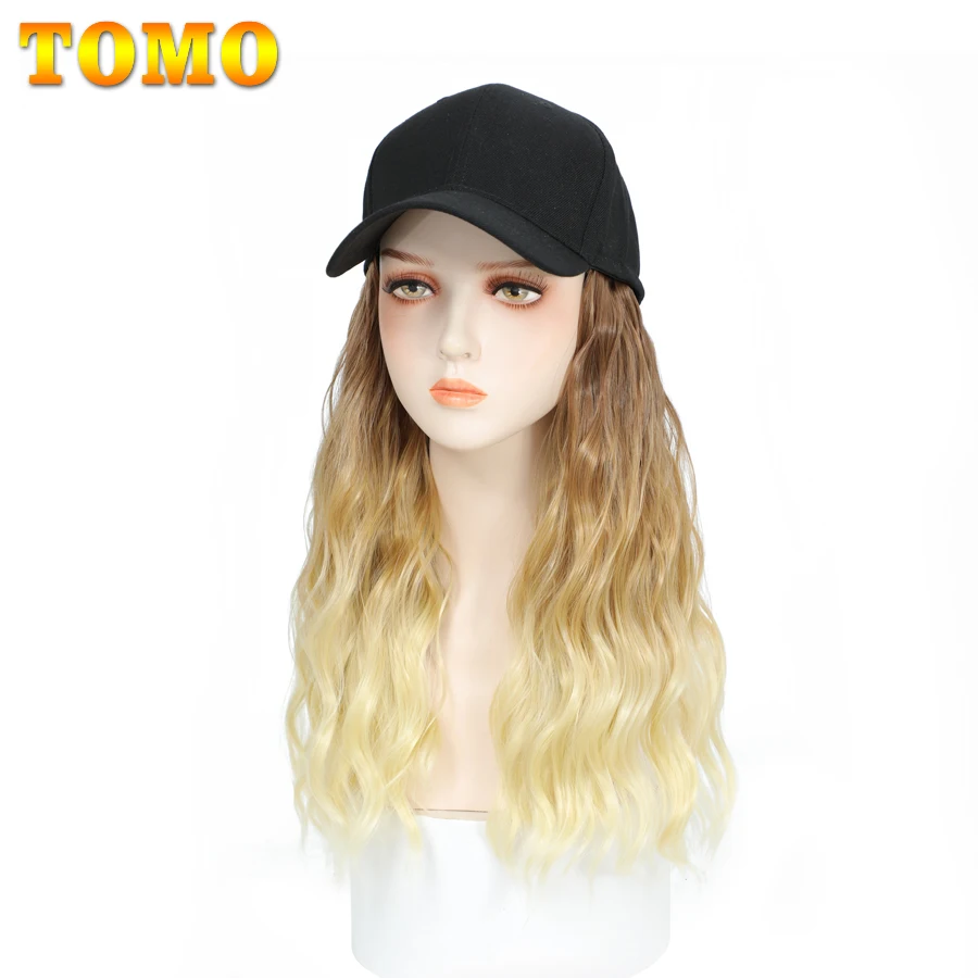 

TOMO Baseball Cap With Long Curly Hair Ombre Wavy Curly Hair Wigs With Hat Naturally Connect Synthetic Adjustable Wig For Women