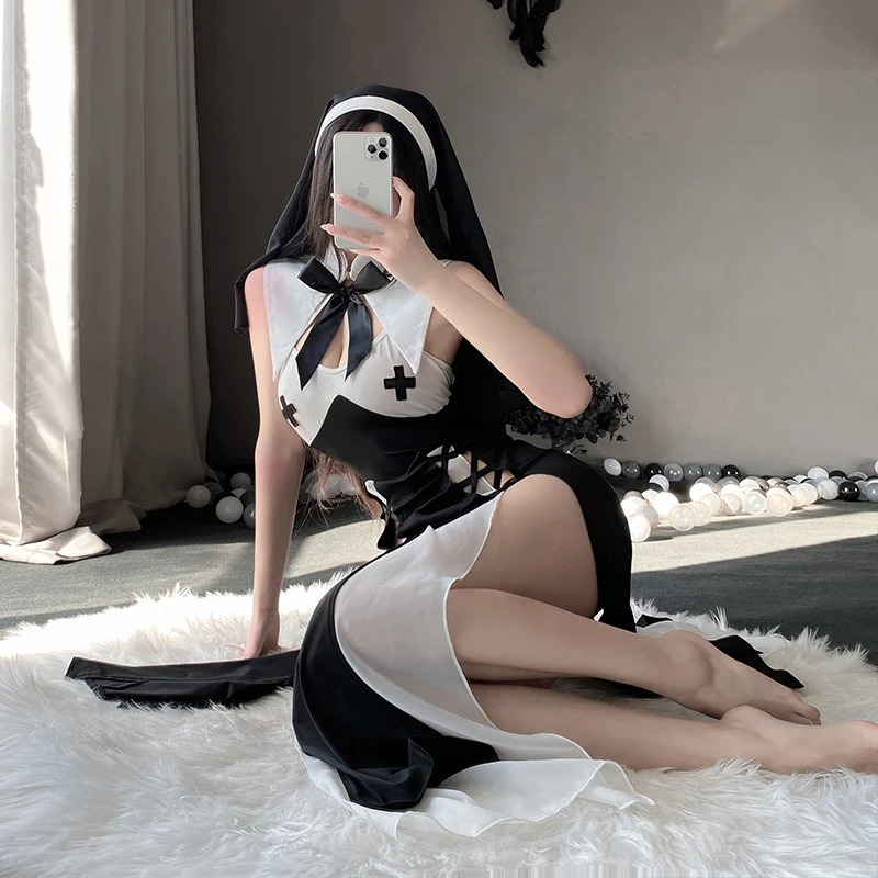 Historical Nun Cosplay Costume for Women Anime Sexy Maid Dresses Halloween Black White Nuns Exotic Sexy Lingerie 2023