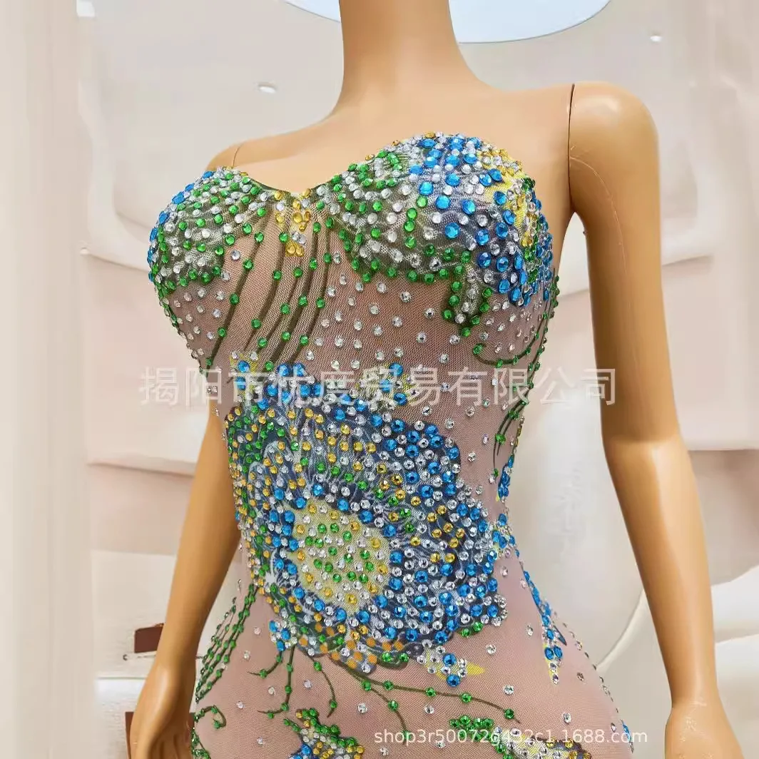 Tube Top Diamond Chain Mesh Perspective Crystal Bright Rhinestone Elegant Cocktail Party Birthday Dress Performance Short Skirt