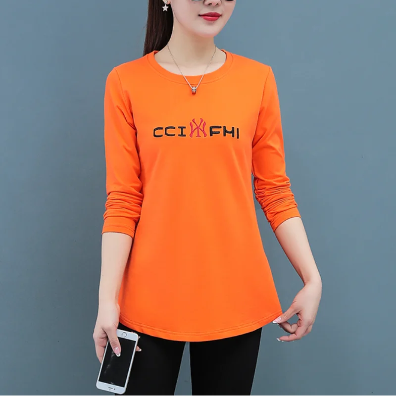 

Spring and Autumn Women's Solid Color Crew Neck Long Sleeve Loose Bottom Plus Size Letter Fashion Casual All Match Tops