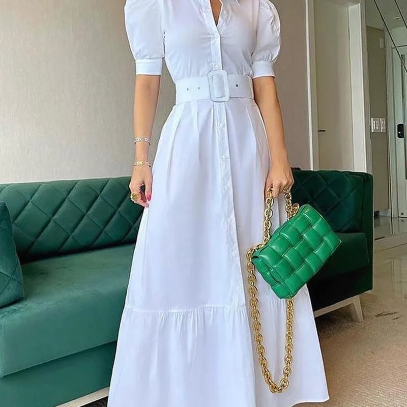 2023 New High Waist Temperament Solid Color Mid length Skirt Slim Fit Bubble Sleeve Dress with Belt robe longue summer