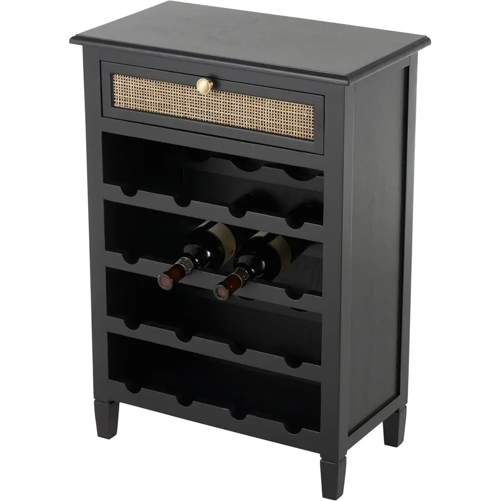 

Wooden Handmade 12 Bottle 1 Drawer Standing Wine Rack with Rattan Front, 21" x 12" x 30", Black