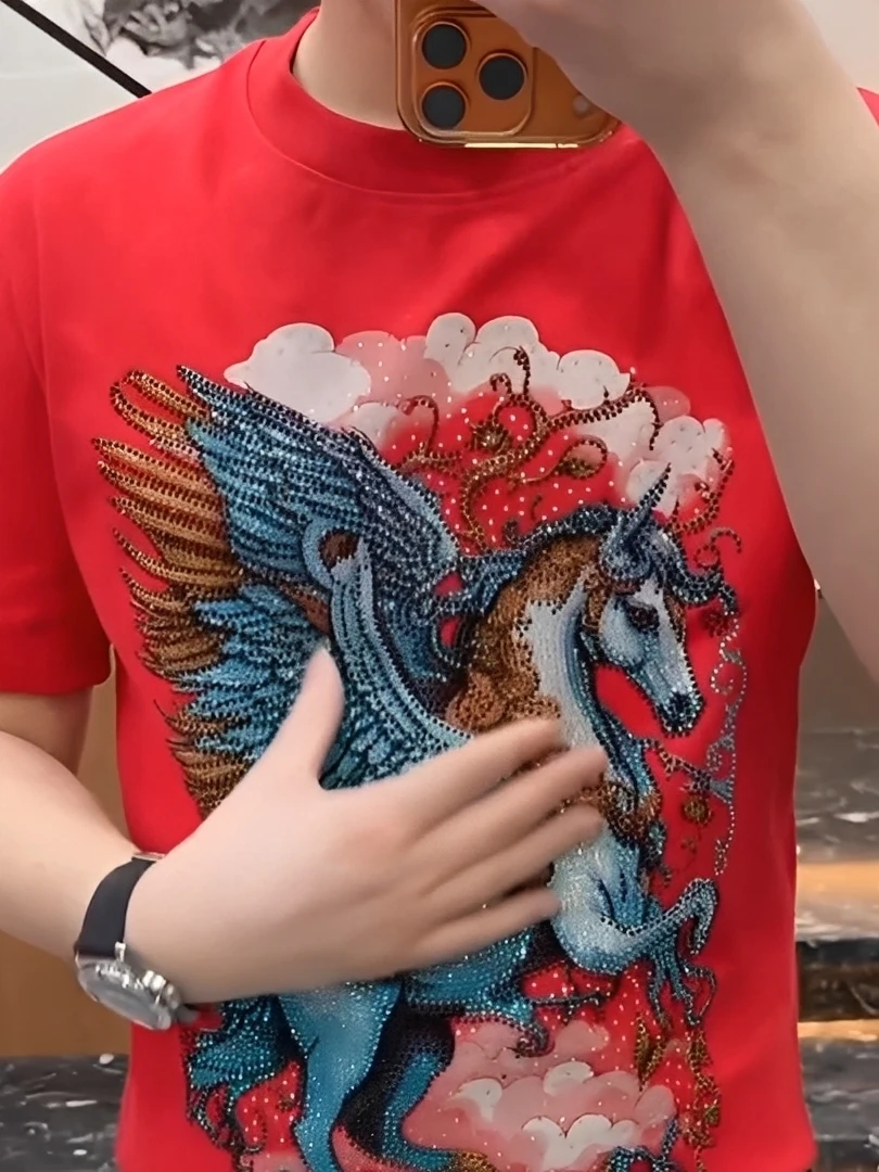 

Men's Faionable Casual round Ne T-irt Heavy Embroidery Rhinestone Autumn Winter New Arrival Versatile Trendy Top