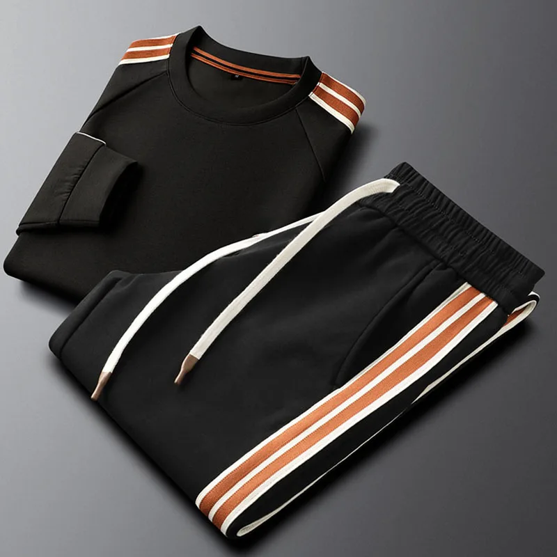 

Stretch black neutral side stripe casual sports suit men's autumn and winter hoodie pants two-piece handsome