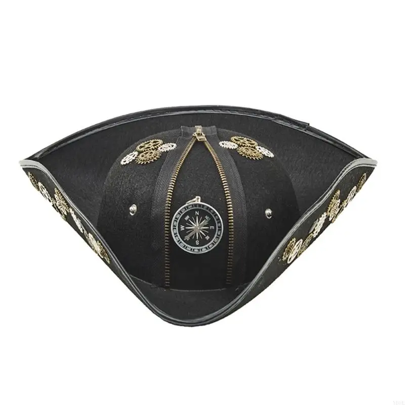 Tricorn Hat with Intricate Gear Zippered Great For Adult Halloween Event Masquerade Party Headwear Y08E