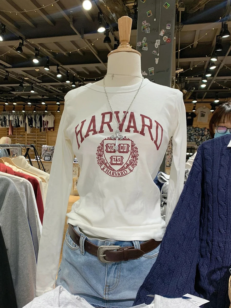 

Letter Graphic Cotton Long Sleeve T Shirt Women White Cotton O-Neck Slim Tees Tops American Vintage Basic Casual T-shirts Spring